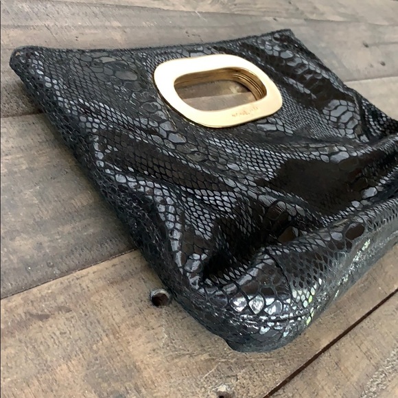 Michael Kors Black Patent Snake Embossed Gold Frame Clutch Evening Bag
